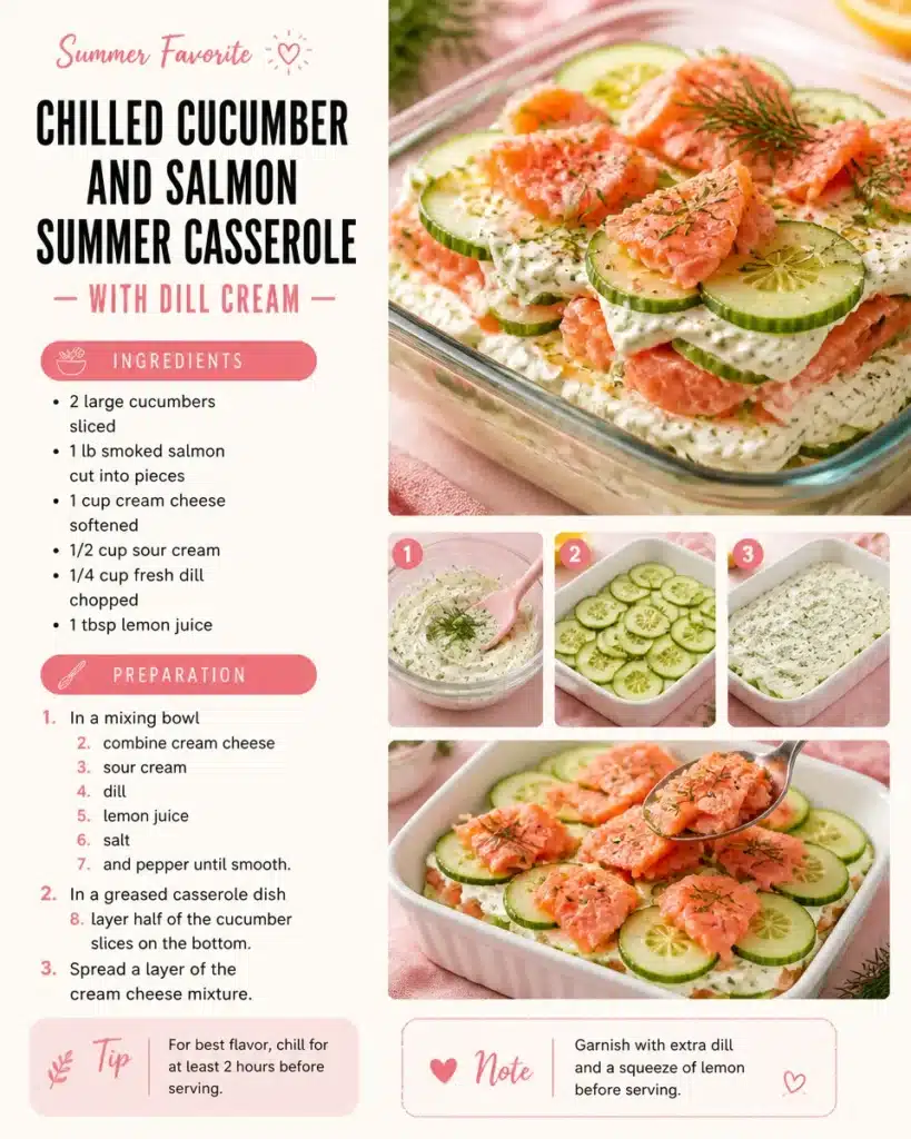 Chilled Cucumber and Salmon Summer Casserole with Dill Cream
