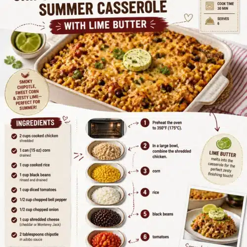 Chipotle Corn and Chicken Casserole topped with Lime Butter in a baked dish.