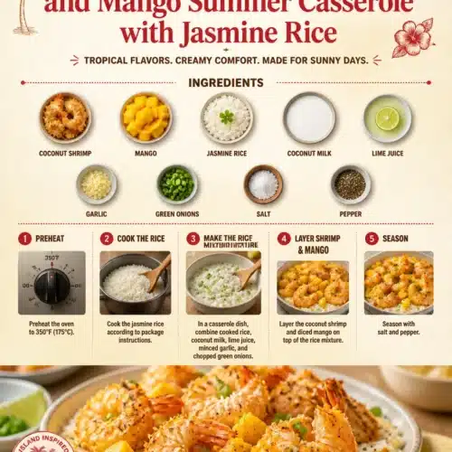 Coconut Shrimp and Mango Summer Casserole served with Jasmine Rice