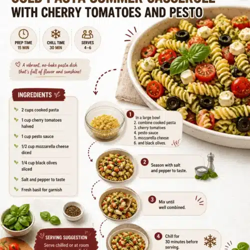 Cold Pasta Summer Casserole with Cherry Tomatoes and Pesto dish