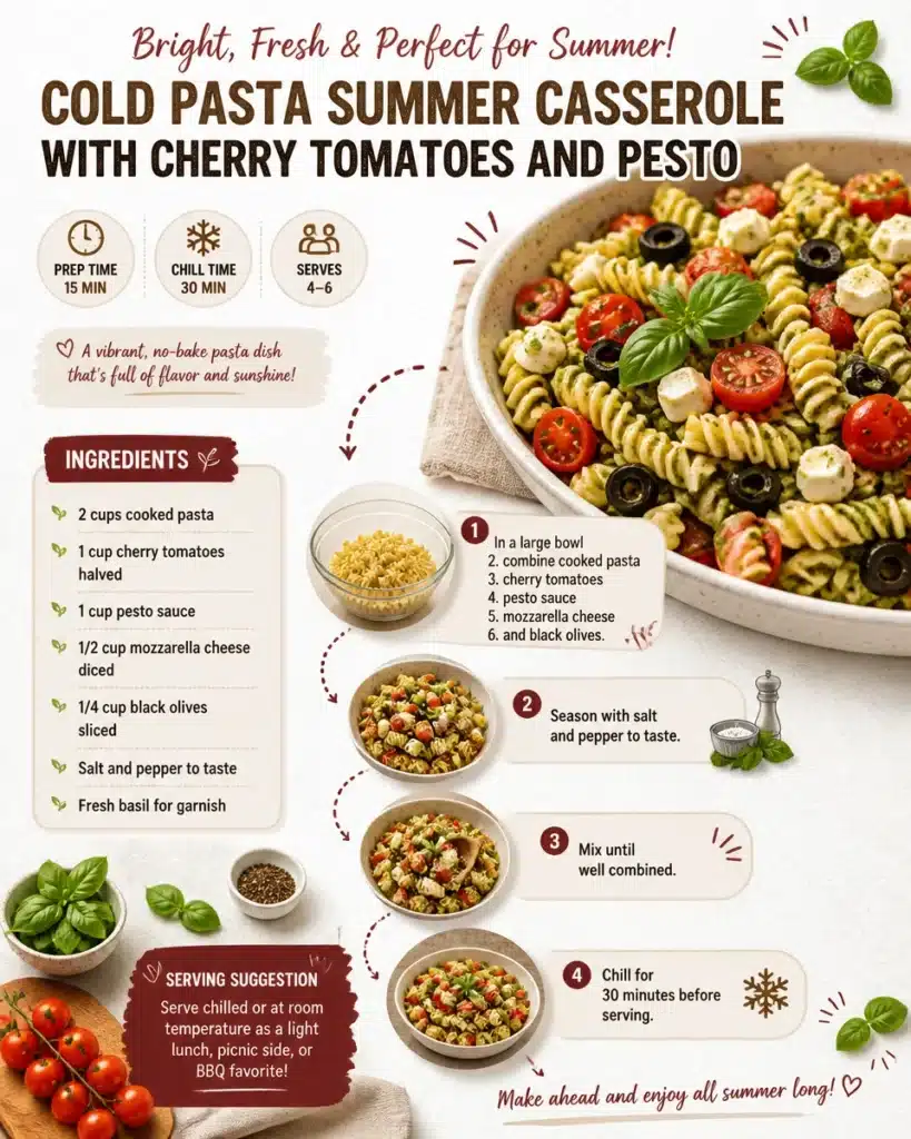 Cold Pasta Summer Casserole with Cherry Tomatoes and Pesto