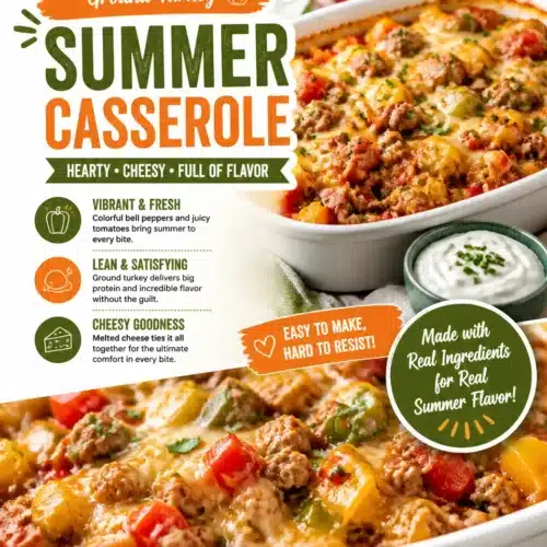 Colorful bell pepper casserole with ground turkey served in a baking dish