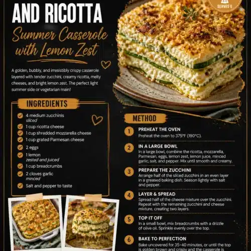 Crispy zucchini and ricotta summer casserole topped with lemon zest