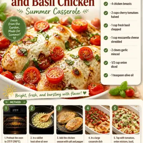 Garden tomato basil chicken casserole, a flavorful summer dish.