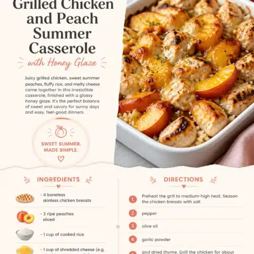 Grilled chicken casserole with peaches and honey glaze served in a dish