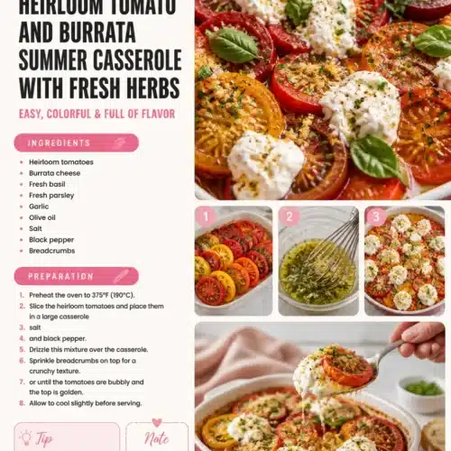Heirloom tomato and burrata casserole with fresh herbs served in a summer dish