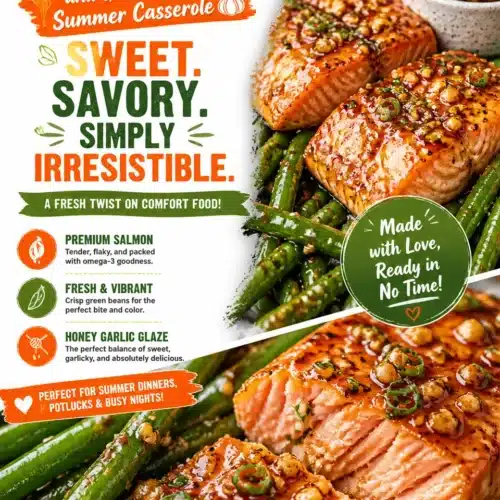 Delicious Honey Garlic Salmon served in a vibrant Green Bean Summer Casserole dish.
