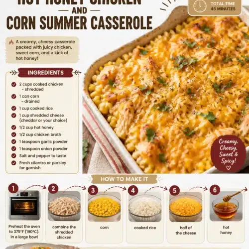 Hot Honey Chicken and Corn Summer Casserole served in a colorful dish