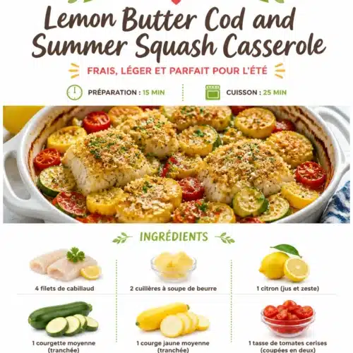 Lemon Butter Cod served with Summer Squash Casserole on a plate