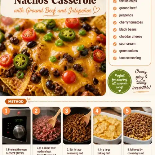 Loaded summer nachos casserole with ground beef, jalapeños, cheese, and toppings.