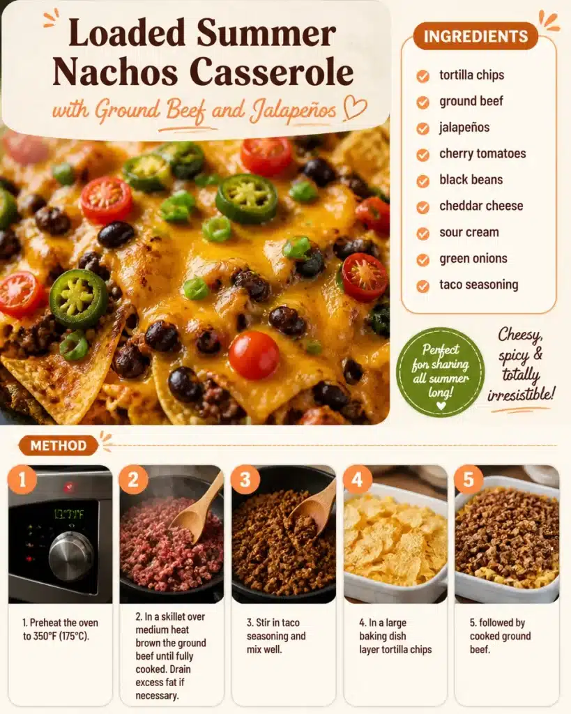Loaded Summer Nachos Casserole with Ground Beef and Jalapeños