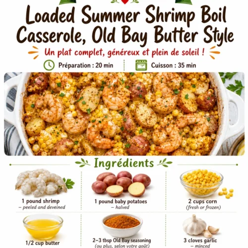 Loaded Summer Prawn Boil Casserole with Old Bay Butter served in a dish