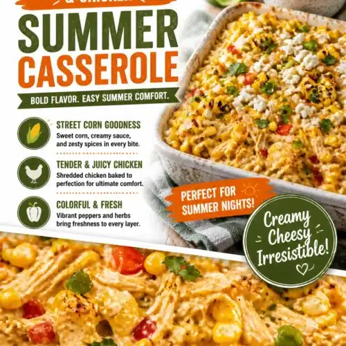 Delicious Mexican street corn casserole with chicken for summer meals.