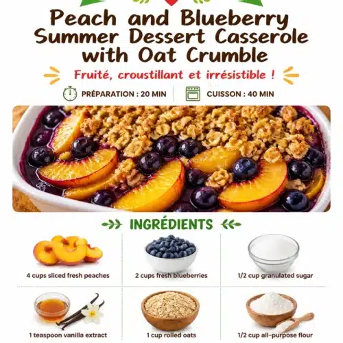 Peach and Blueberry Summer Dessert Casserole topped with Oat Crumble