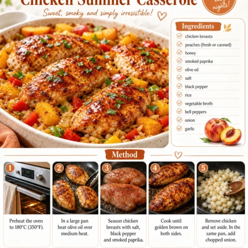 Peachy honey glazed chicken casserole served in a baked dish