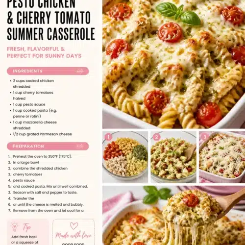 Pesto Chicken and Cherry Tomato Summer Casserole ready to serve