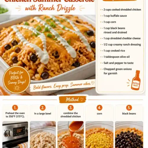 Poolside buffalo chicken casserole topped with ranch drizzle, perfect for summer meals