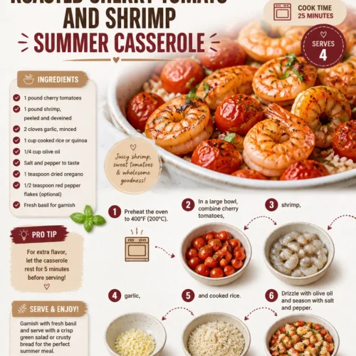 Delicious summer casserole with roasted cherry tomatoes and shrimp