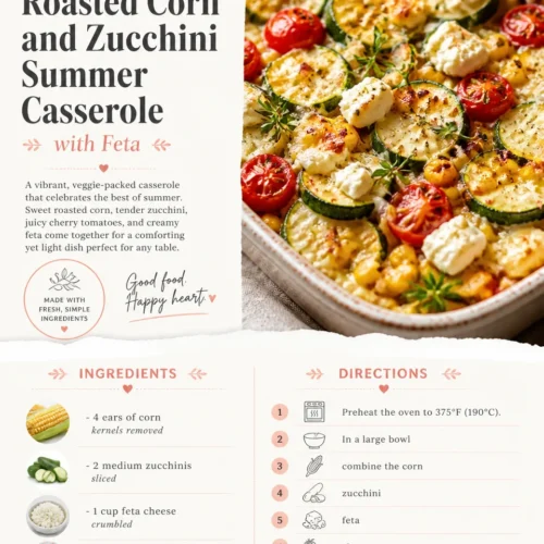 Roasted corn and zucchini summer casserole topped with feta cheese.