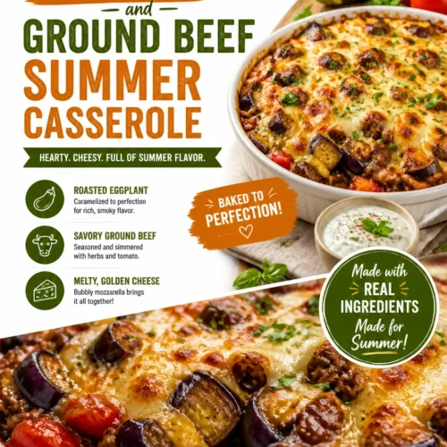 Roasted eggplant and ground beef summer casserole in a baking dish.