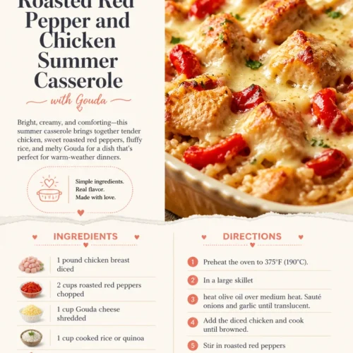 Roasted Red Pepper and Chicken Summer Casserole topped with Gouda cheese