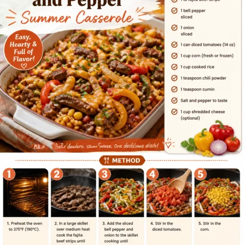 Delicious sizzling fajita beef and pepper casserole with vibrant colors and toppings.