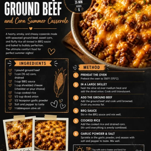 Smoky BBQ Ground Beef and Corn Summer Casserole dish served in a bowl.