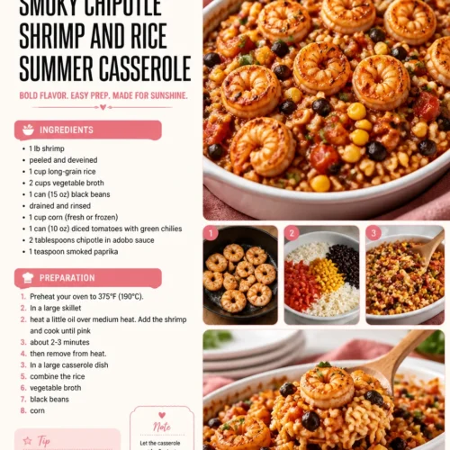 Delicious Smoky Chipotle Shrimp and Rice Summer Casserole served in a rustic dish.