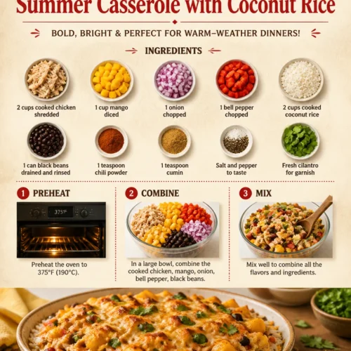 Spicy mango chicken casserole with coconut rice in a baking dish
