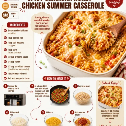 Delicious Sriracha Honey Chicken summer casserole in a baking dish