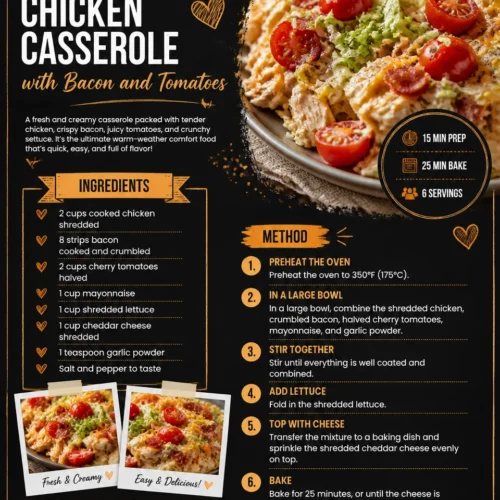 Delicious Summer BLT Chicken Casserole topped with bacon and tomatoes