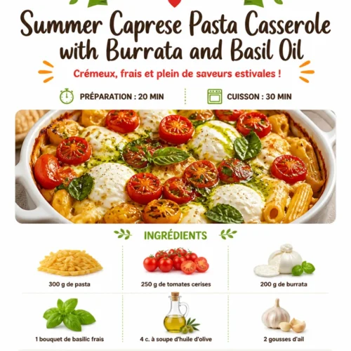 Summer Caprese Pasta Casserole topped with burrata and fresh basil oil