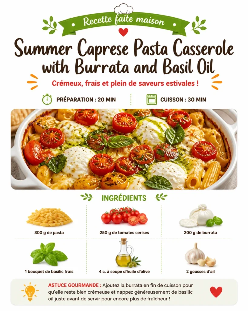 Summer Caprese Pasta Casserole with Burrata and Basil Oil