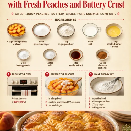 Summer Cobbler Casserole with fresh peaches and a golden buttery crust
