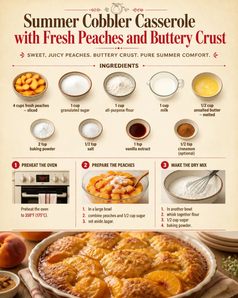 Summer Cobbler Casserole with Fresh Peaches and Buttery Crust