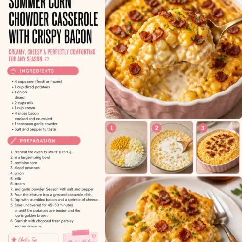 Summer Corn Chowder Casserole topped with crispy bacon and fresh herbs