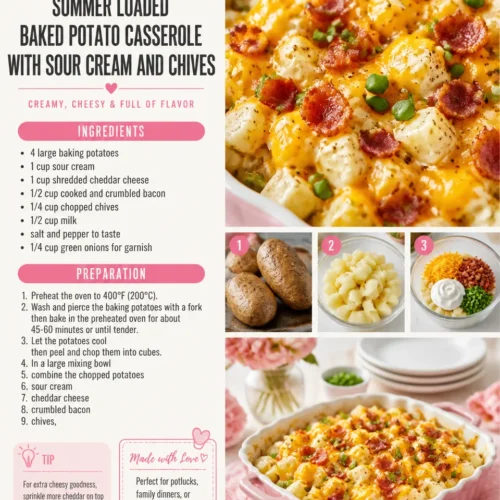 Delicious summer loaded baked potato casserole topped with sour cream and chives.