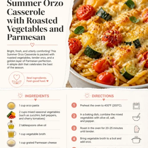 Summer Orzo Casserole with Roasted Vegetables and Parmesan on a serving dish