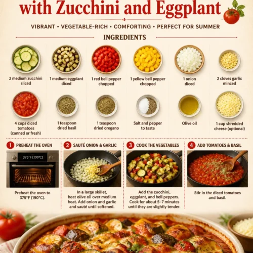 Summer Ratatouille Casserole with Zucchini and Eggplant dish on a table.