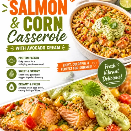 Summer Salmon and Corn Casserole with Avocado Cream served in a dish