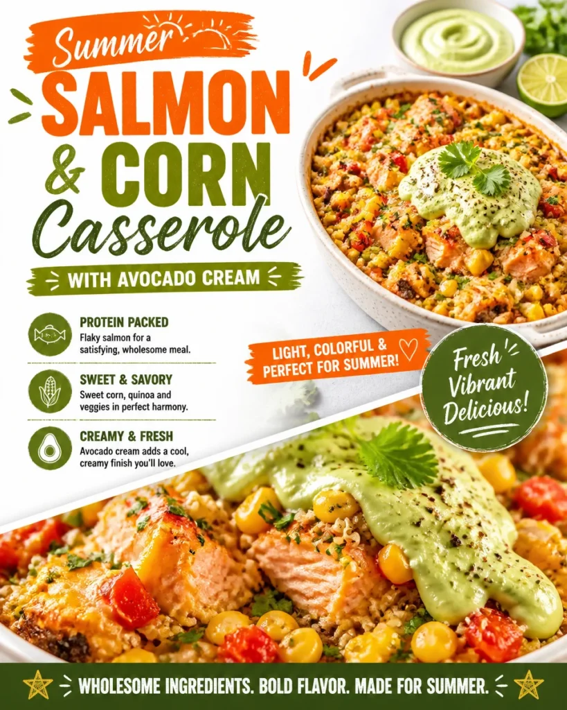 Summer Salmon and Corn Casserole with Avocado Cream
