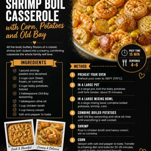 Summer Shrimp Boil Casserole featuring corn, potatoes, and Old Bay seasoning