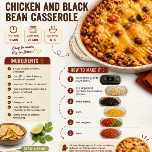 Delicious Summer Southwest Chicken and Black Bean Casserole in a baking dish.