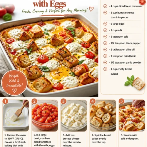 Summer Tomato and Burrata Breakfast Casserole with Eggs served on a plate