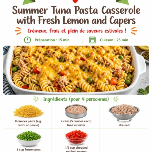 Summer Tuna Pasta Casserole with lemon and capers in a baking dish