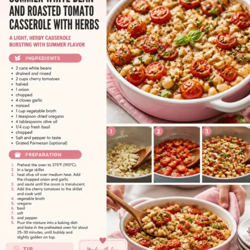 Summer White Bean and Roasted Tomato Casserole garnished with fresh herbs