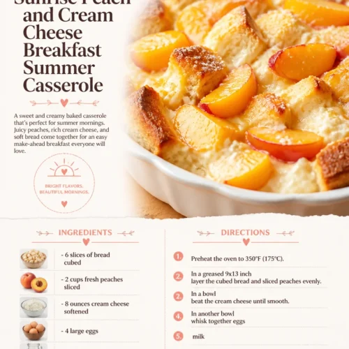 Delicious Sunrise Peach and Cream Cheese Breakfast Casserole topped with fresh peaches