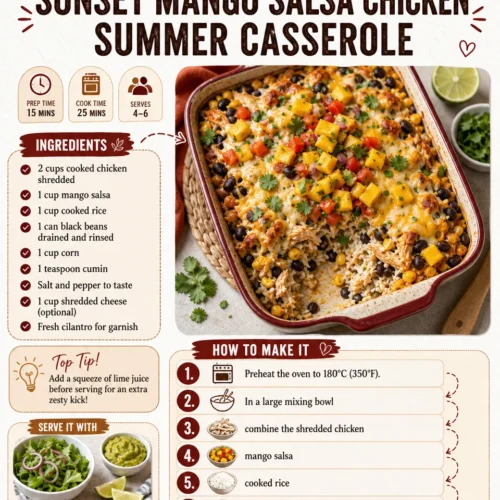 Sunset Mango Salsa Chicken summer bake dish on a wooden table