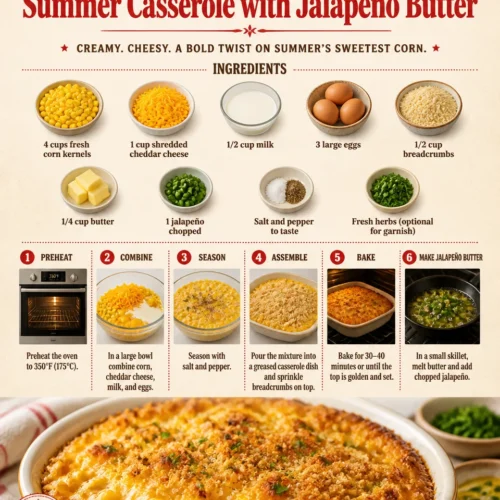 Delicious sweet corn casserole topped with cheddar and jalapeño butter
