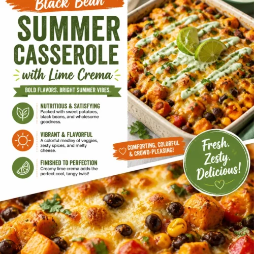 Sweet potato and black bean casserole topped with lime crema served in a baking dish.